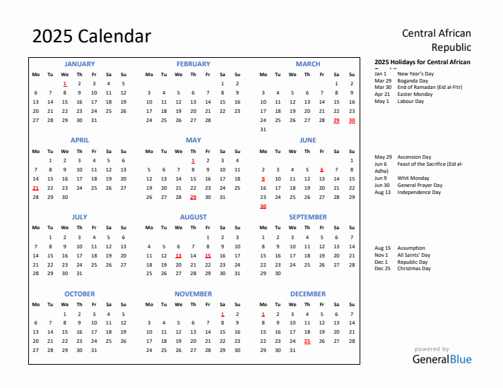 2025 Calendar with Holidays for Central African Republic