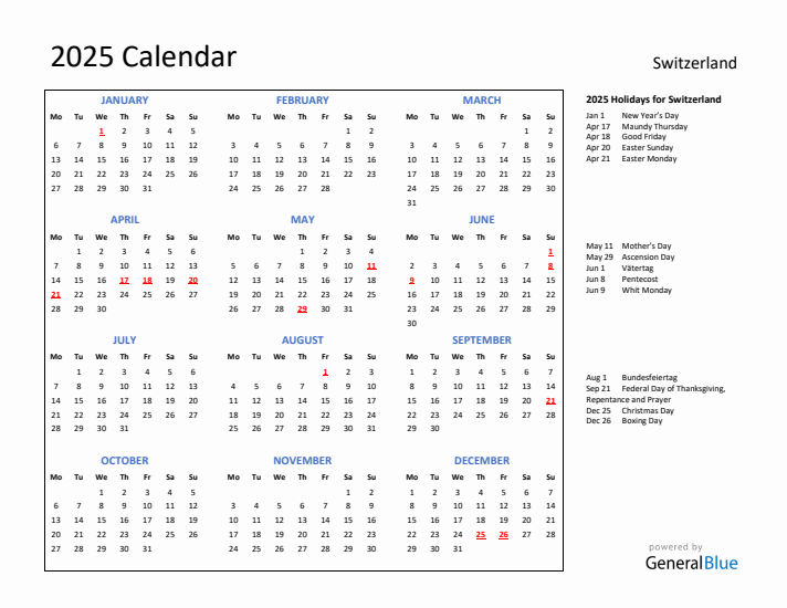 2025 Calendar with Holidays for Switzerland