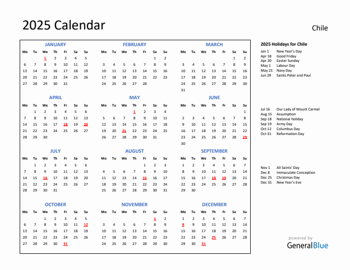 2025 Calendar with Holidays for Chile