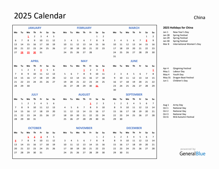 2025 Calendar with Holidays for China