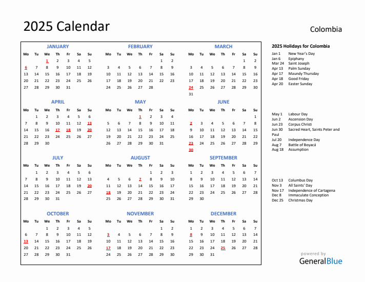 2025 Calendar with Holidays for Colombia