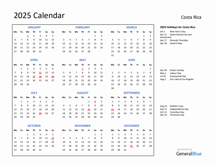 2025 Calendar with Holidays for Costa Rica