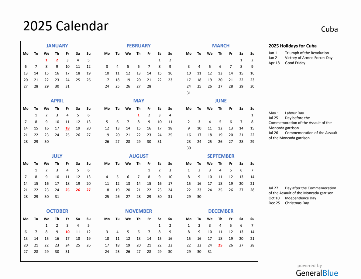 2025 Calendar with Holidays for Cuba