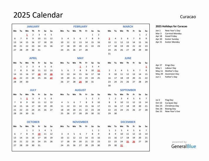 2025 Calendar with Holidays for Curacao