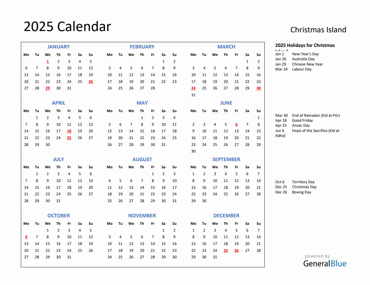 2025 Calendar with Holidays for Christmas Island