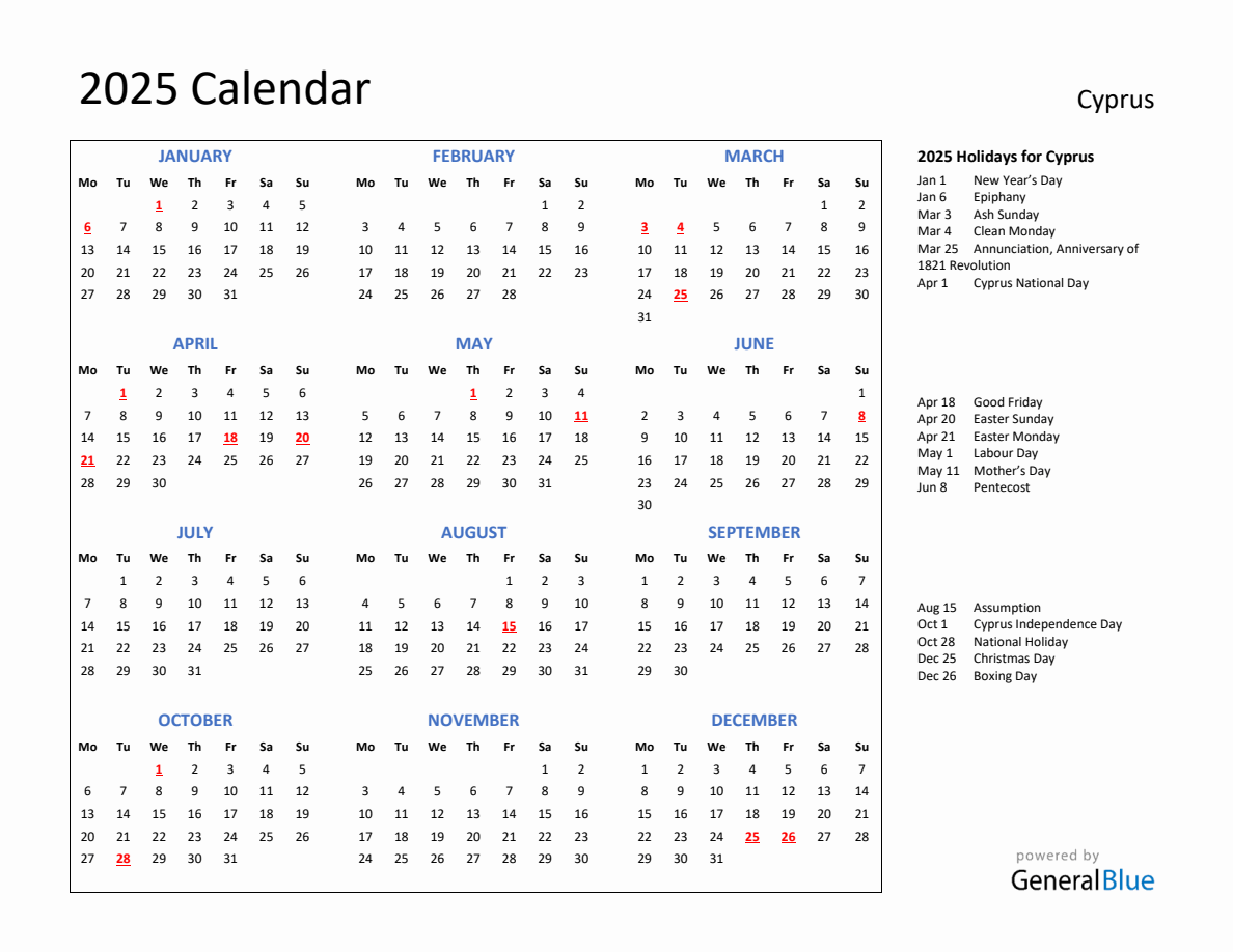 2025 Calendar with Holidays for Cyprus