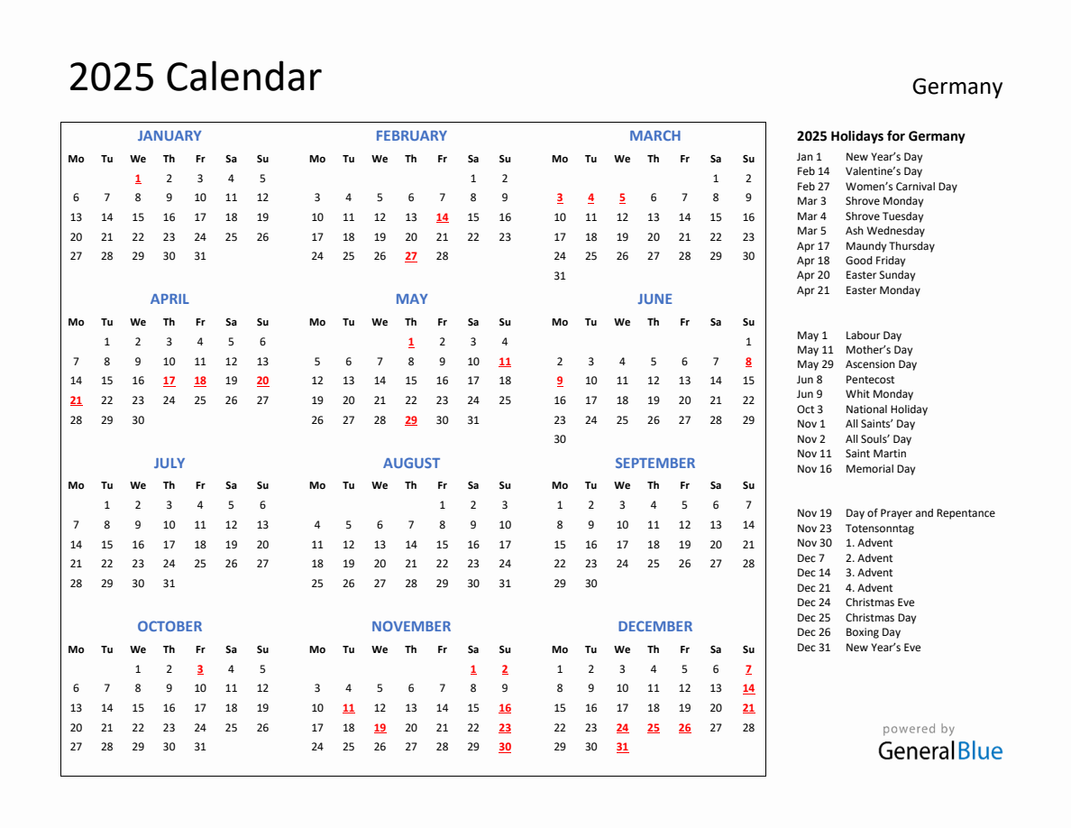 2025 Calendar with Holidays for Germany