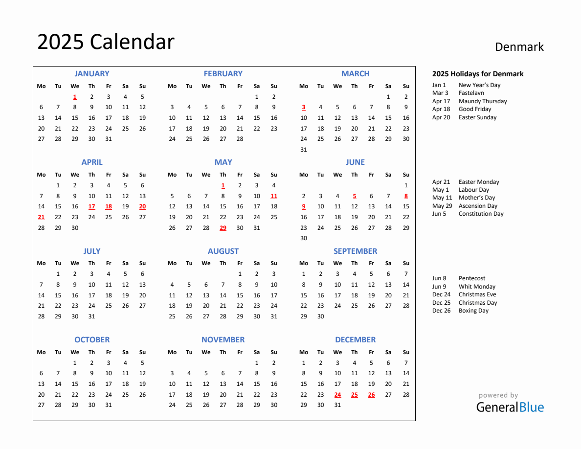 2025 Calendar with Holidays for Denmark