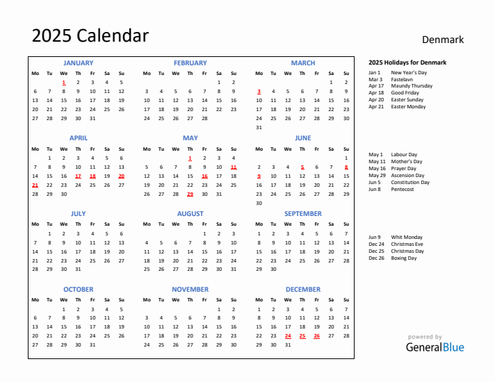 2025 Calendar with Holidays for Denmark
