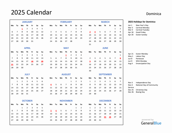 2025 Calendar with Holidays for Dominica