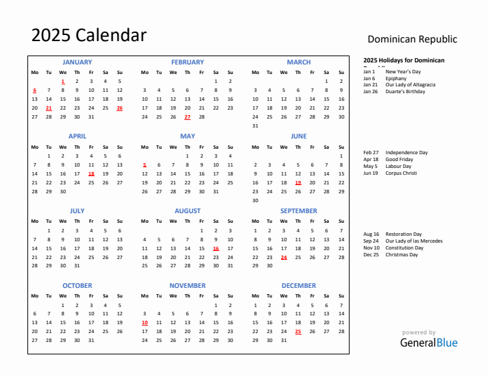 2025 Calendar with Holidays for Dominican Republic