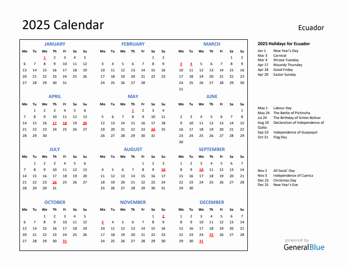2025 Calendar with Holidays for Ecuador