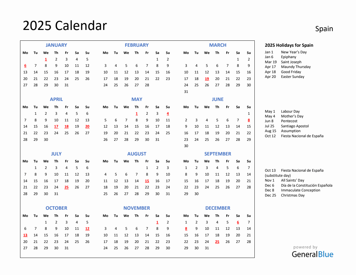 2025 Calendar with Holidays for Spain