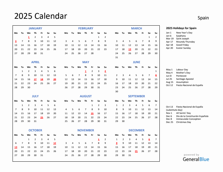 2025 Calendar with Holidays for Spain