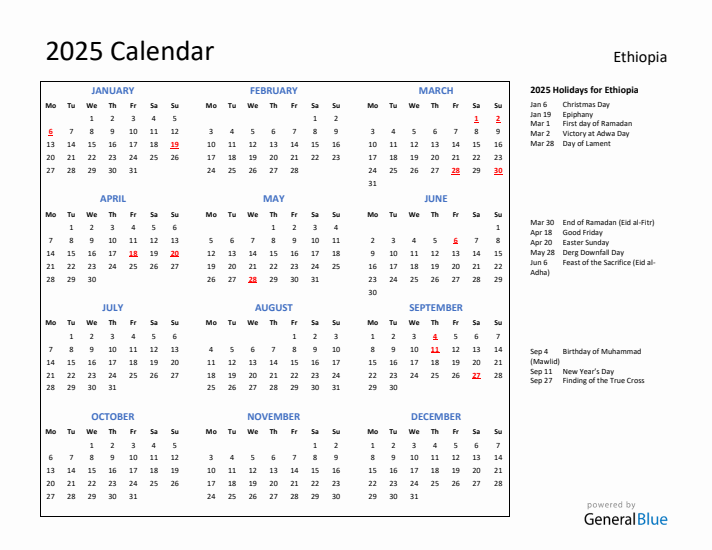 2025 Calendar with Holidays for Ethiopia