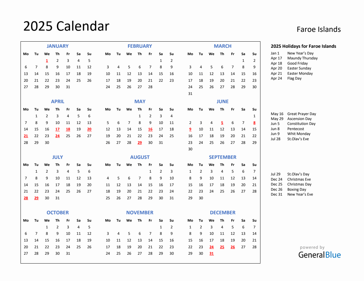 2025 Calendar with Holidays for Faroe Islands