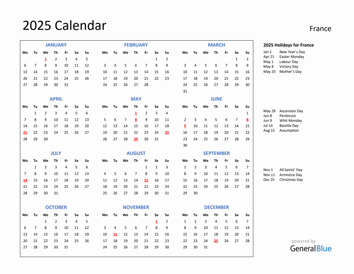 2025 Calendar with Holidays for France