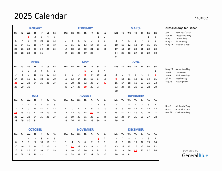 2025 Calendar with Holidays for France
