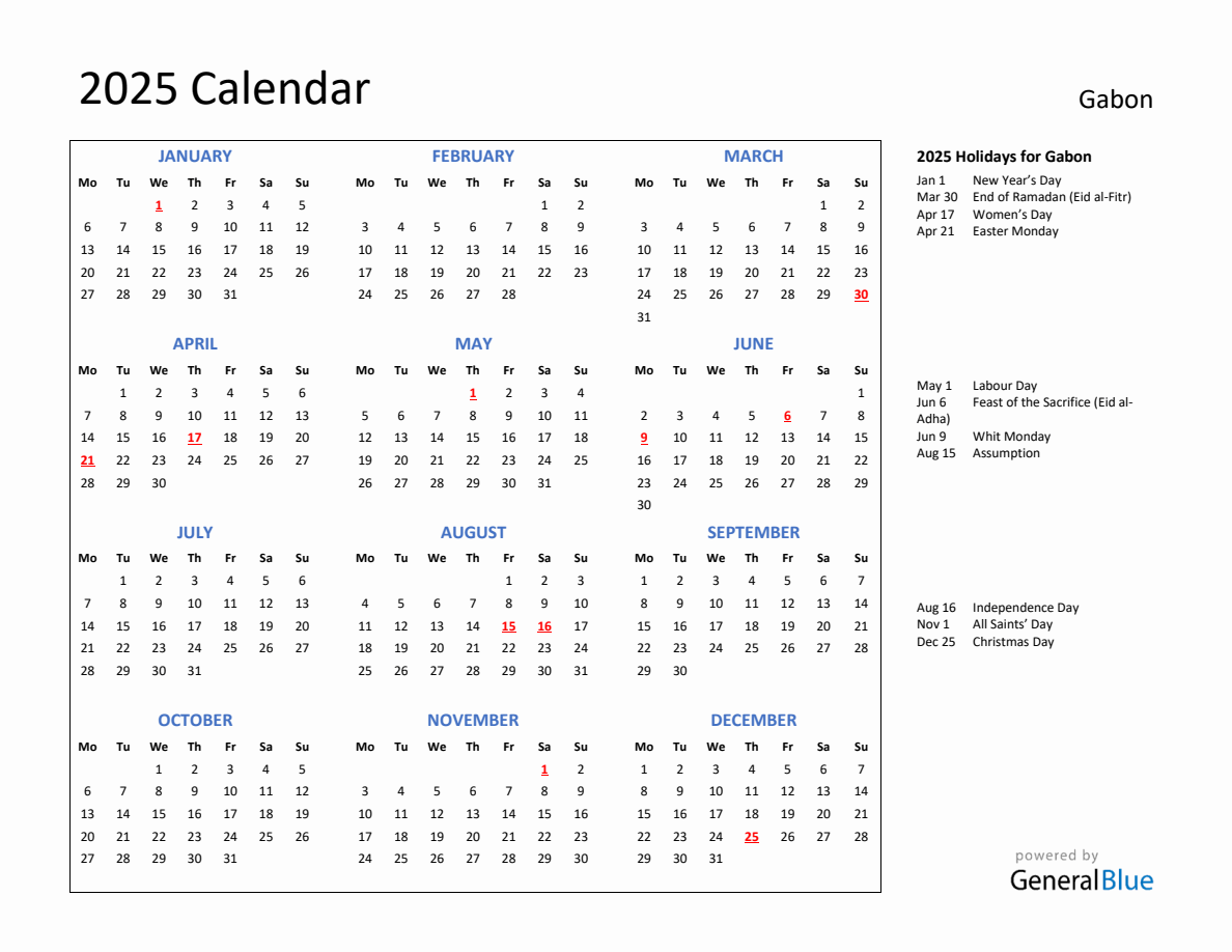 2025 Calendar with Holidays for Gabon