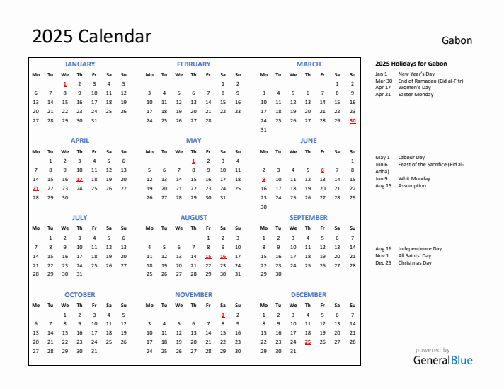 2025 Calendar with Holidays for Gabon