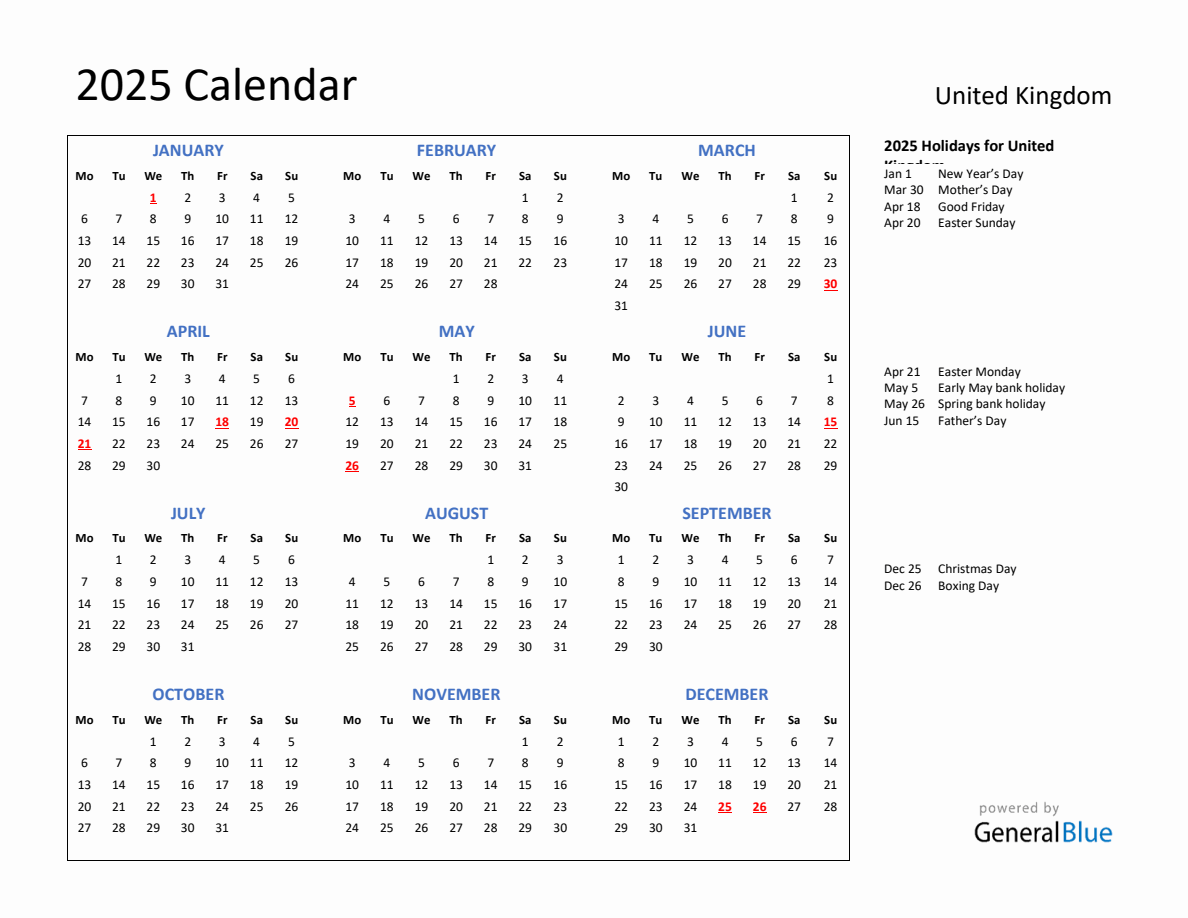 2025 Calendar with Holidays for United Kingdom