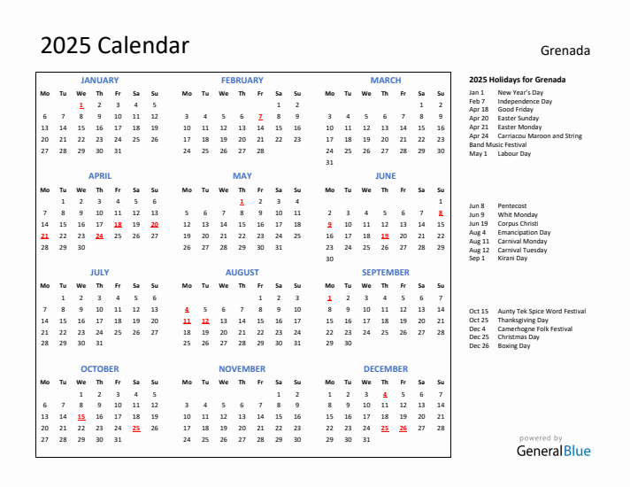 2025 Calendar with Holidays for Grenada