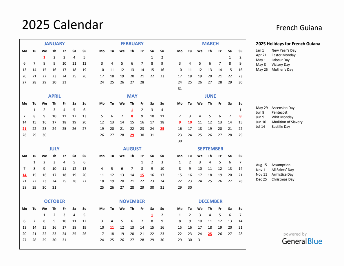 2025 Calendar with Holidays for French Guiana