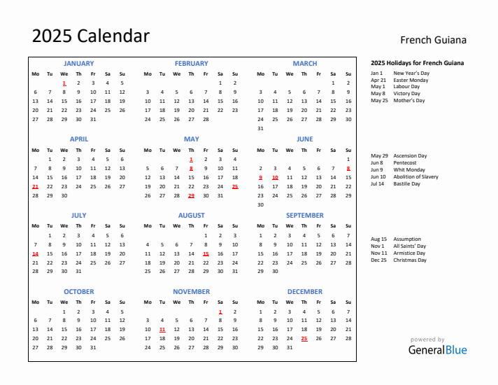 2025 Calendar with Holidays for French Guiana