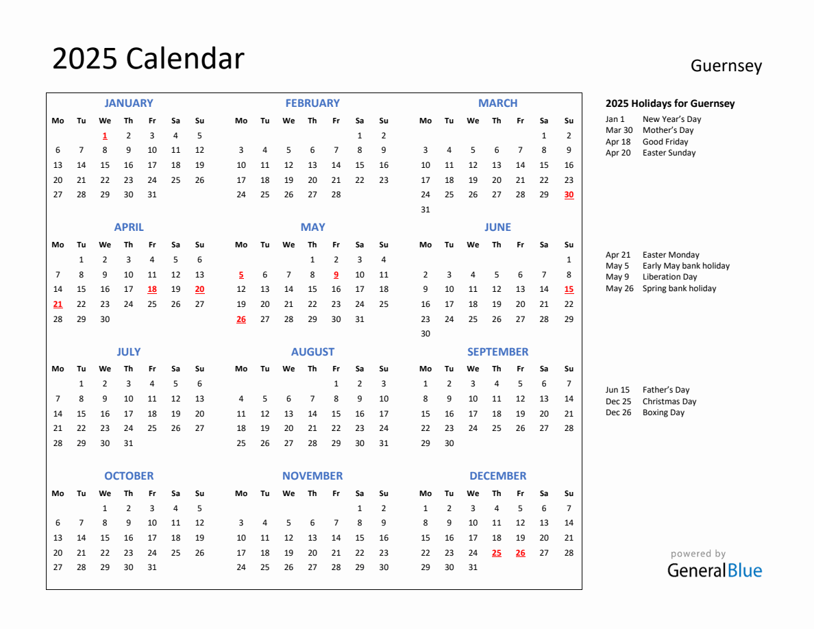 2025 Calendar with Holidays for Guernsey