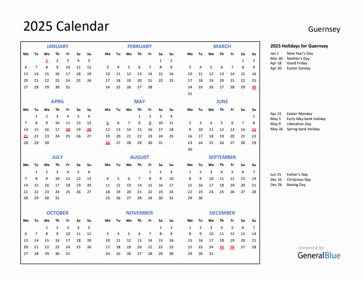 2025 Calendar with Holidays for Guernsey