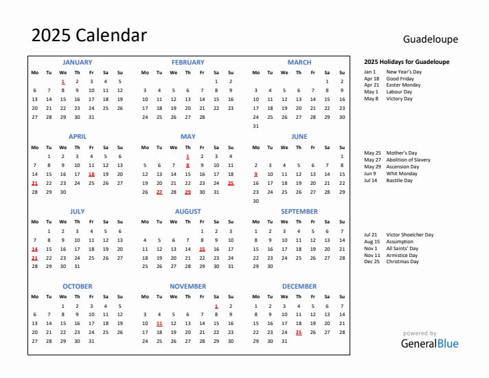 2025 Calendar with Holidays for Guadeloupe