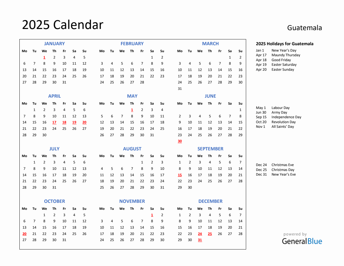 2025 Calendar with Holidays for Guatemala