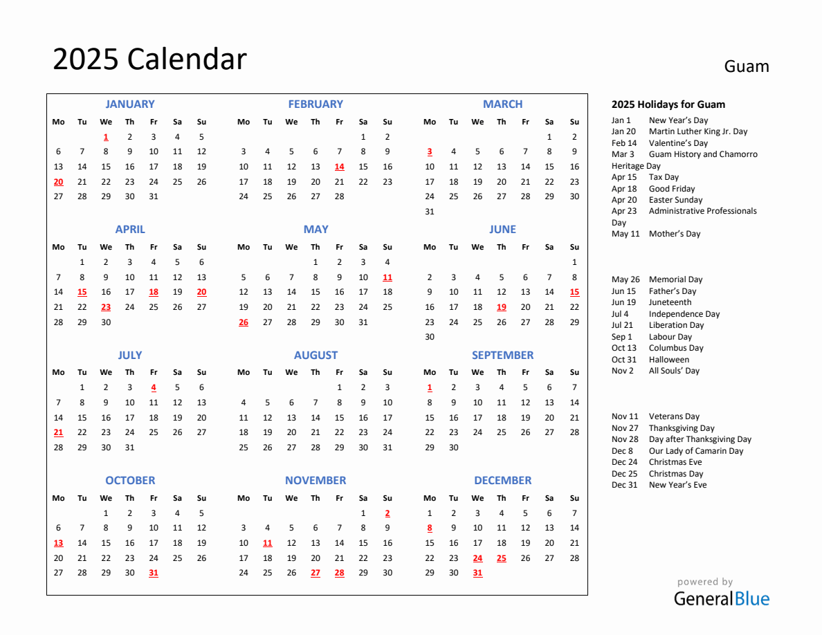 2025 Calendar with Holidays for Guam