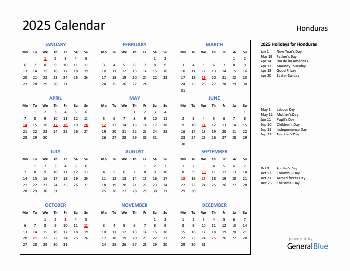 2025 Calendar with Holidays for Honduras