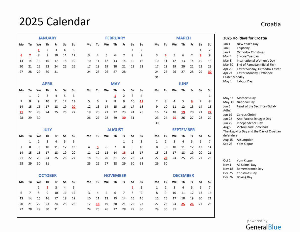 2025 Calendar with Holidays for Croatia