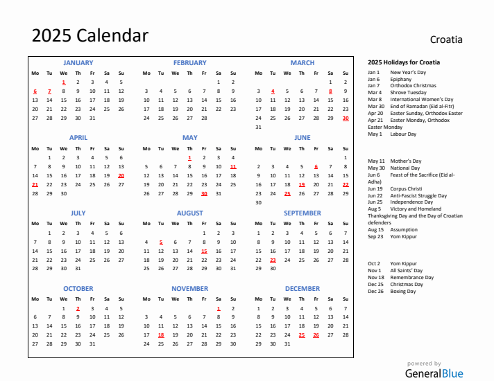 2025 Calendar with Holidays for Croatia