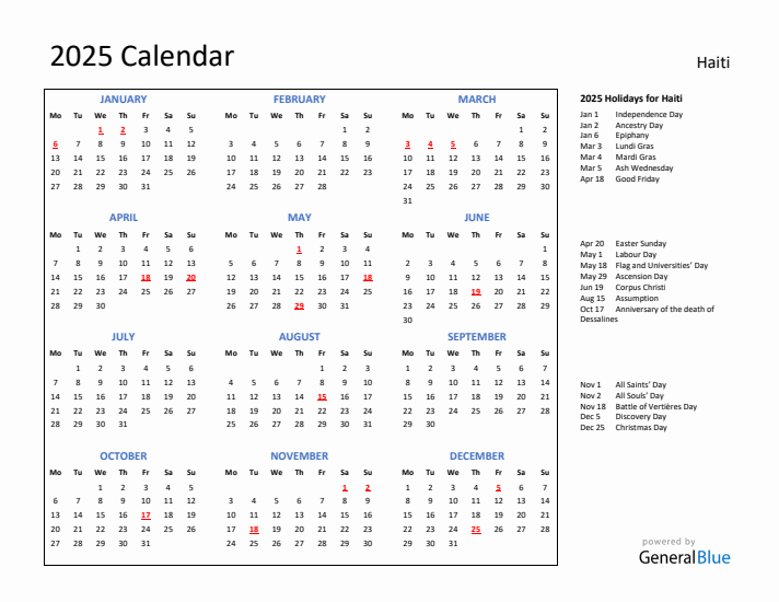 2025 Calendar with Holidays for Haiti