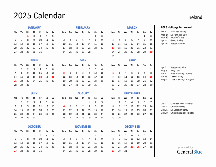 2025 Calendar with Holidays for Ireland