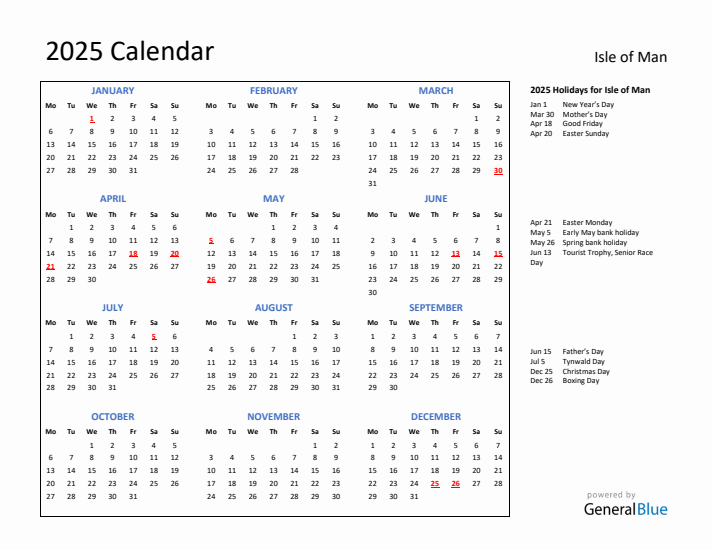 2025 Calendar with Holidays for Isle of Man