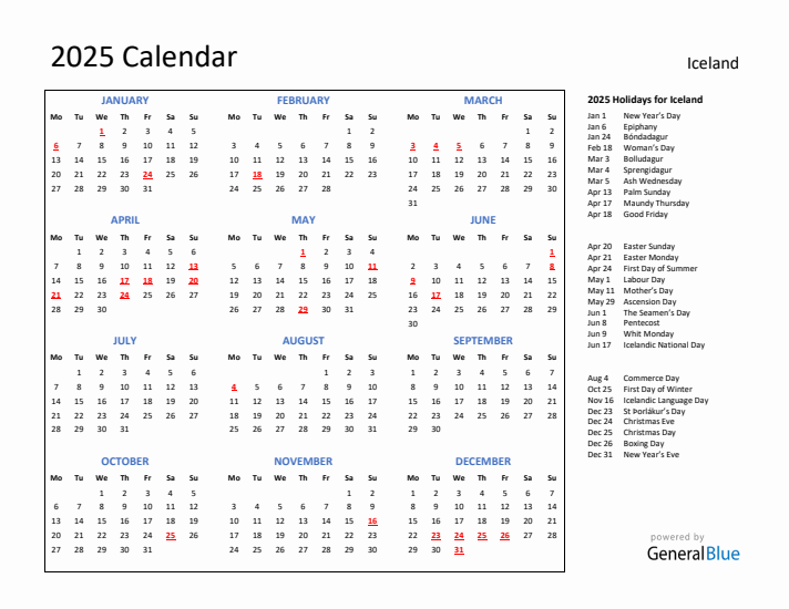 2025 Calendar with Holidays for Iceland