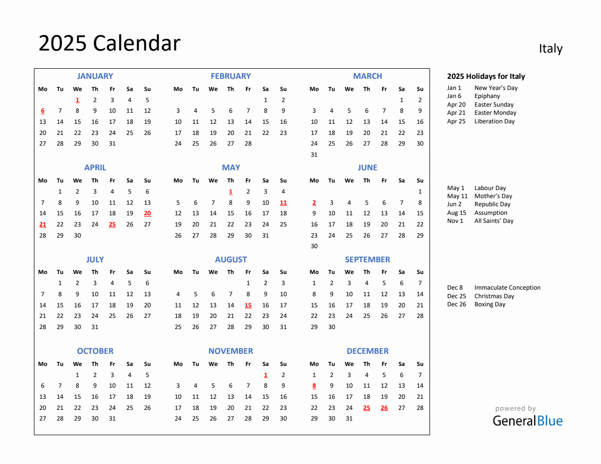 2025 Calendar with Holidays for Italy