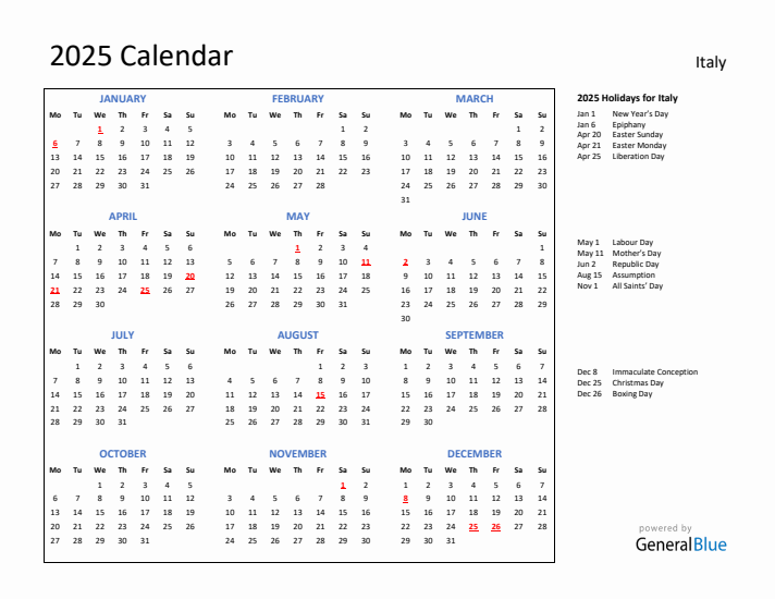 2025 Calendar with Holidays for Italy