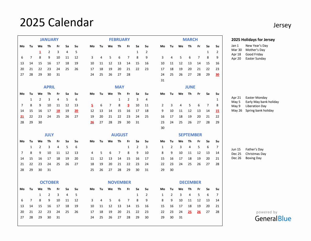 2025 Calendar with Holidays for Jersey
