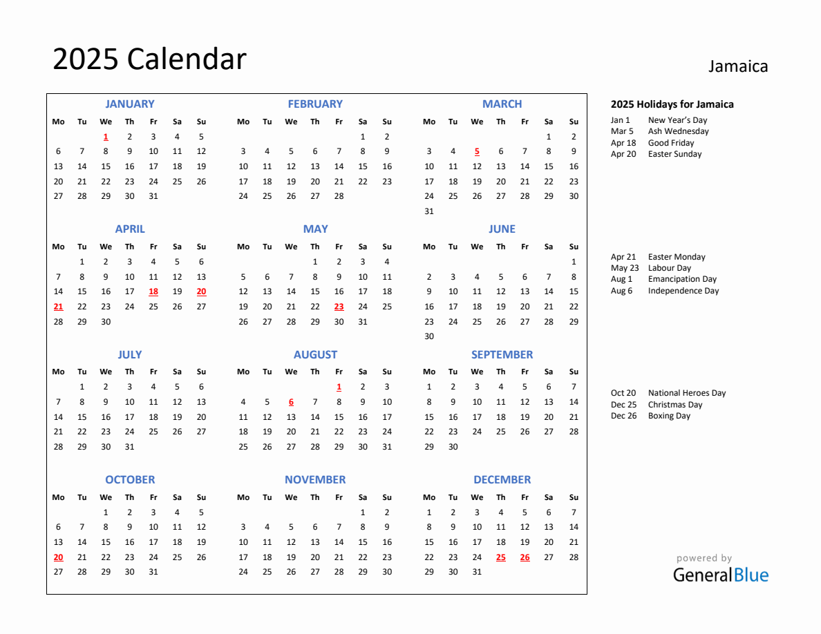 2025 Calendar with Holidays for Jamaica