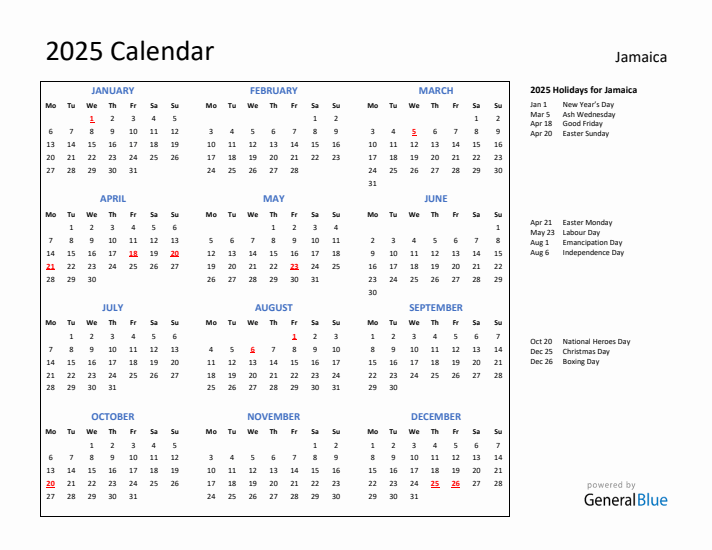 2025 Calendar with Holidays for Jamaica