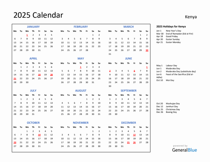 2025 Calendar with Holidays for Kenya