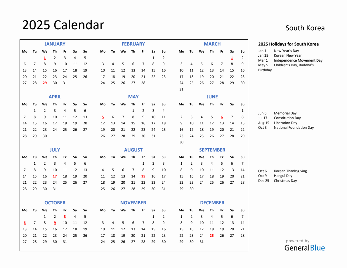 2025 Calendar with Holidays for South Korea