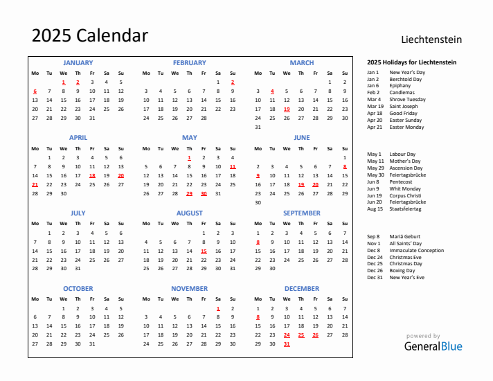 2025 Calendar with Holidays for Liechtenstein
