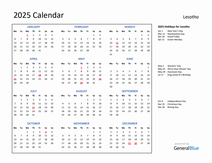 2025 Calendar with Holidays for Lesotho