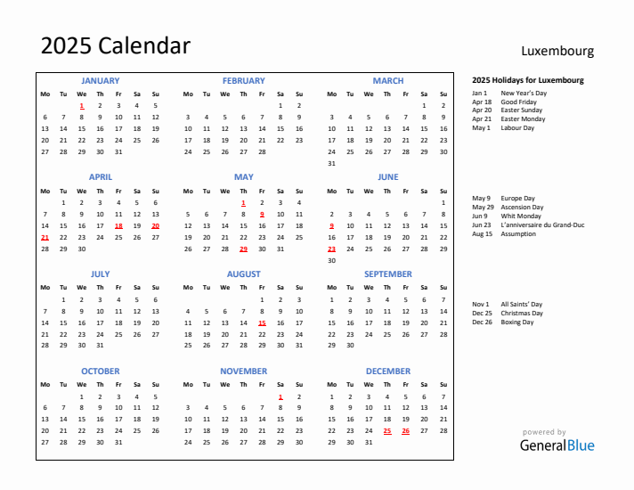 2025 Calendar with Holidays for Luxembourg